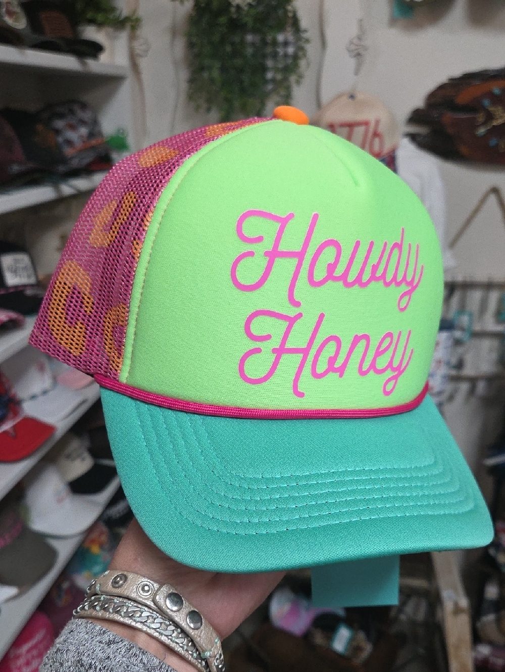Howdy Honey Neon Trucker Hat - Lime + Teal + Pink Leopard